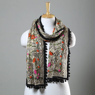 Black - Ranihati Chapa Work Phulkari Embroidery Chanderi Silk Stole with Pom Pom