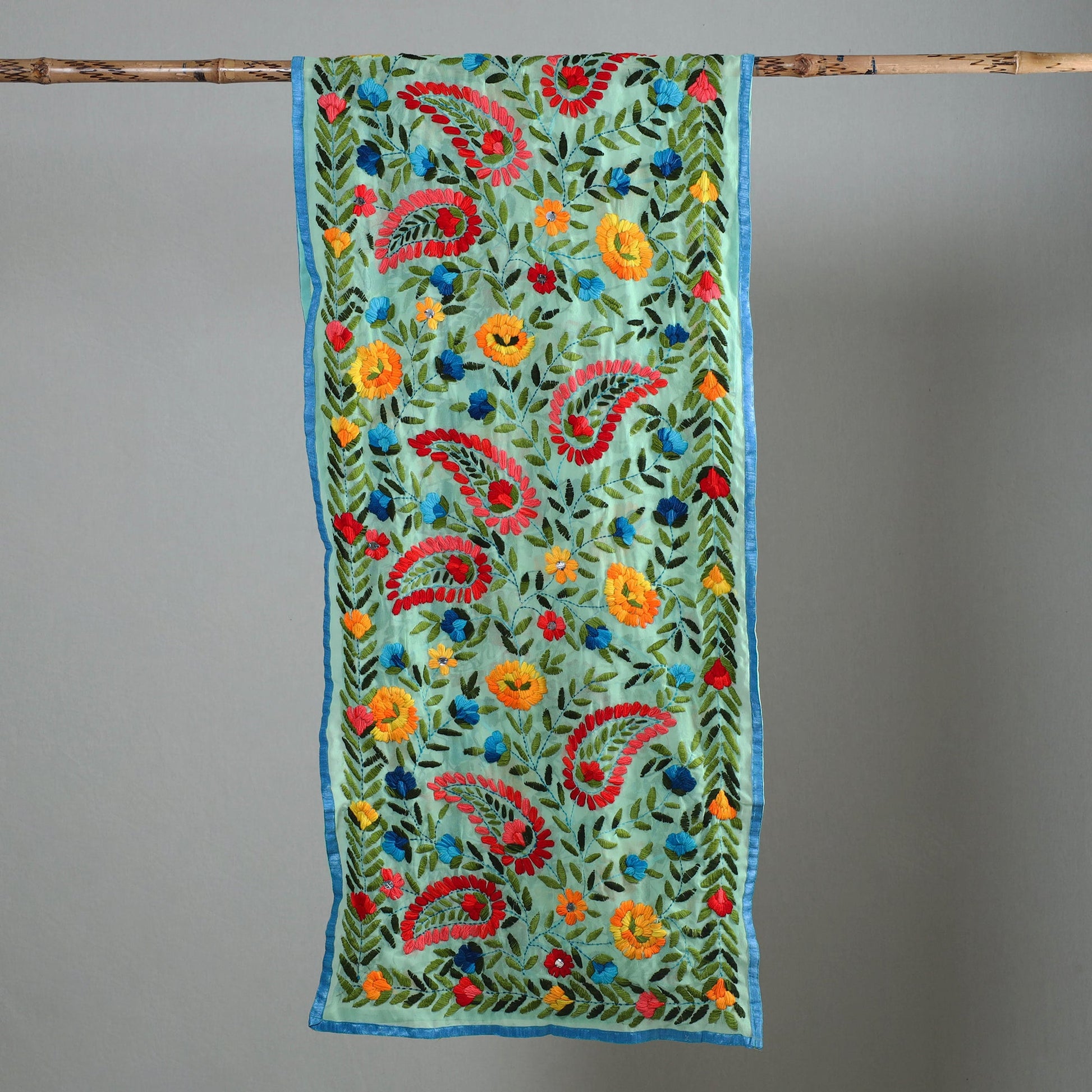 Green - Ranihati Chapa Work Phulkari Embroidery Georgette Stole