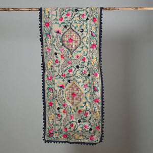Black - Ranihati Chapa Work Phulkari Embroidery Chanderi Silk Stole with Pom Pom