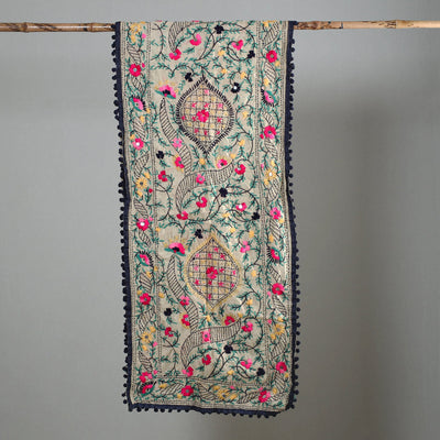 Black - Ranihati Chapa Work Phulkari Embroidery Chanderi Silk Stole with Pom Pom