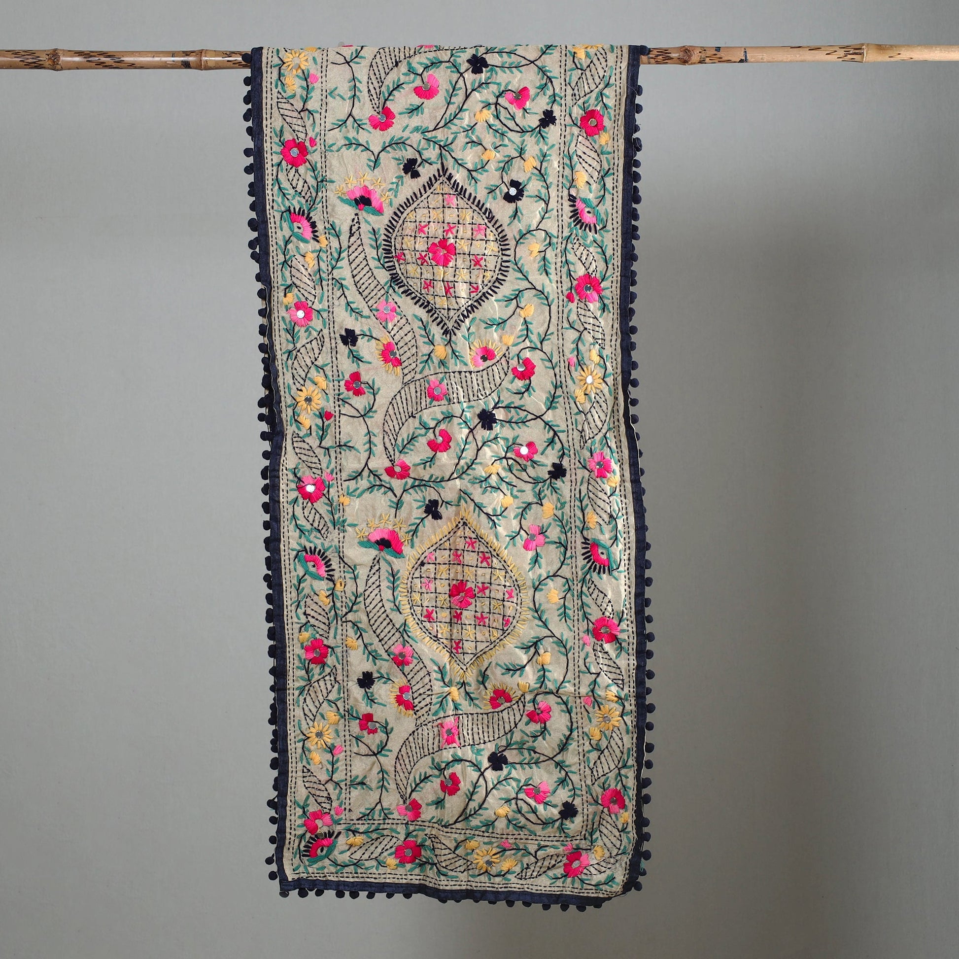 Black - Ranihati Chapa Work Phulkari Embroidery Chanderi Silk Stole with Pom Pom