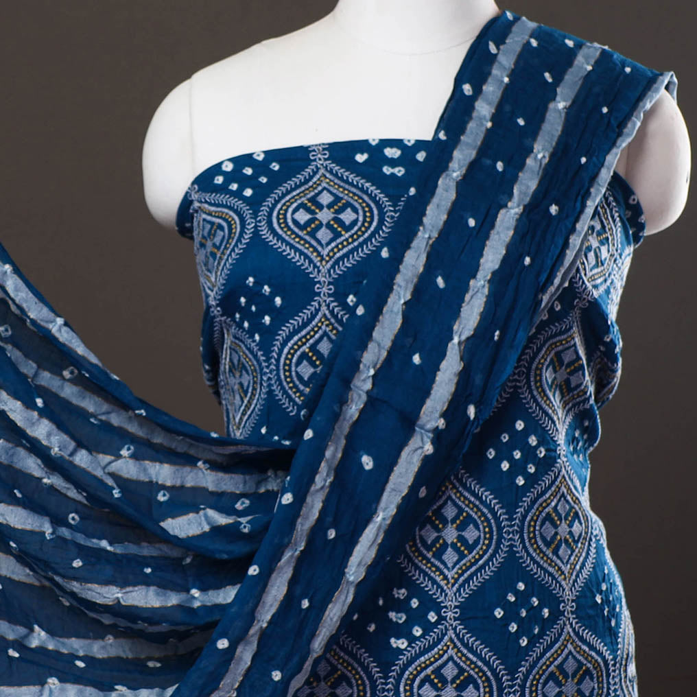 Blue - 3pc Satin Cotton Kutch Bandhani Dress Material 13
