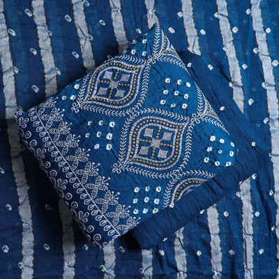 Blue - 3pc Satin Cotton Kutch Bandhani Dress Material 13