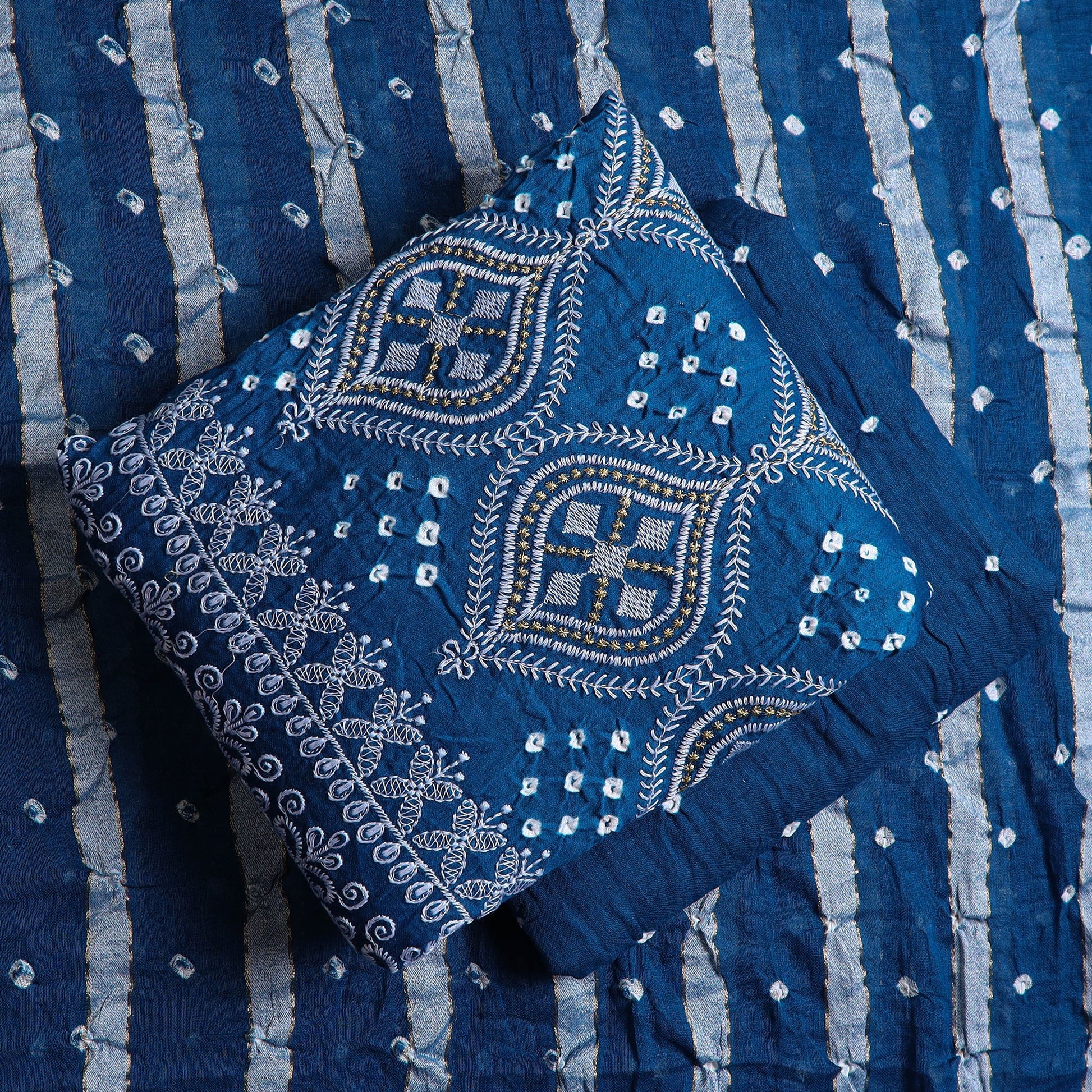 Blue - 3pc Satin Cotton Kutch Bandhani Dress Material 13