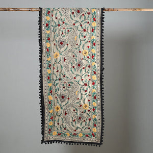 Black - Ranihati Chapa Work Phulkari Embroidery Chanderi Silk Stole with Pom Pom