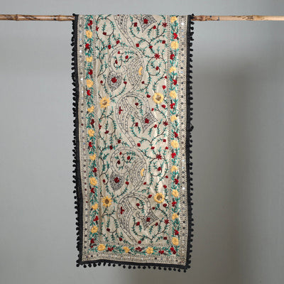 Black - Ranihati Chapa Work Phulkari Embroidery Chanderi Silk Stole with Pom Pom