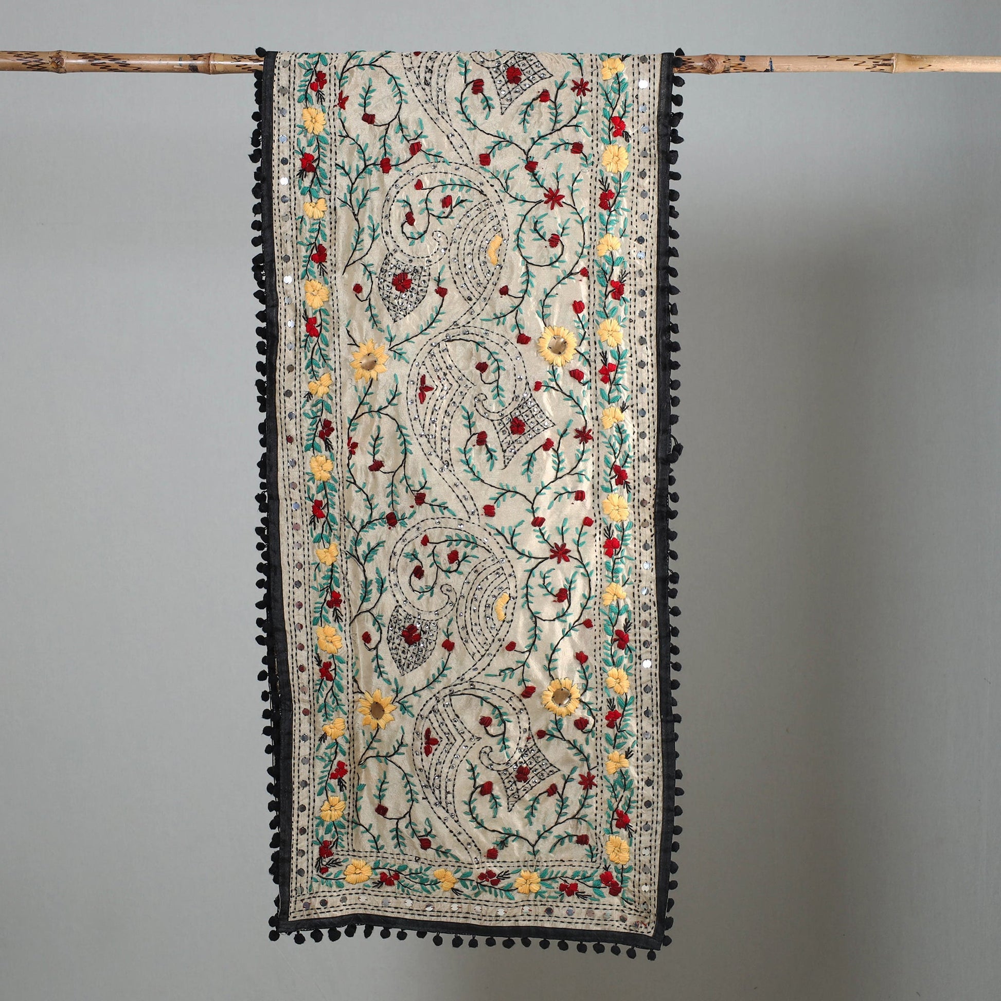 Black - Ranihati Chapa Work Phulkari Embroidery Chanderi Silk Stole with Pom Pom