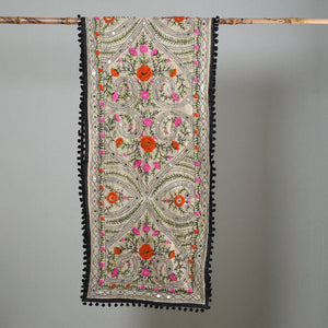 Black - Ranihati Chapa Work Phulkari Embroidery Chanderi Silk Stole with Pom Pom