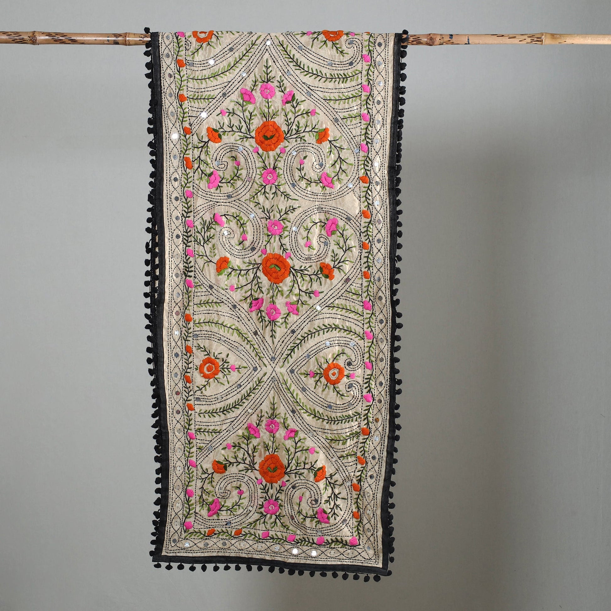 Black - Ranihati Chapa Work Phulkari Embroidery Chanderi Silk Stole with Pom Pom