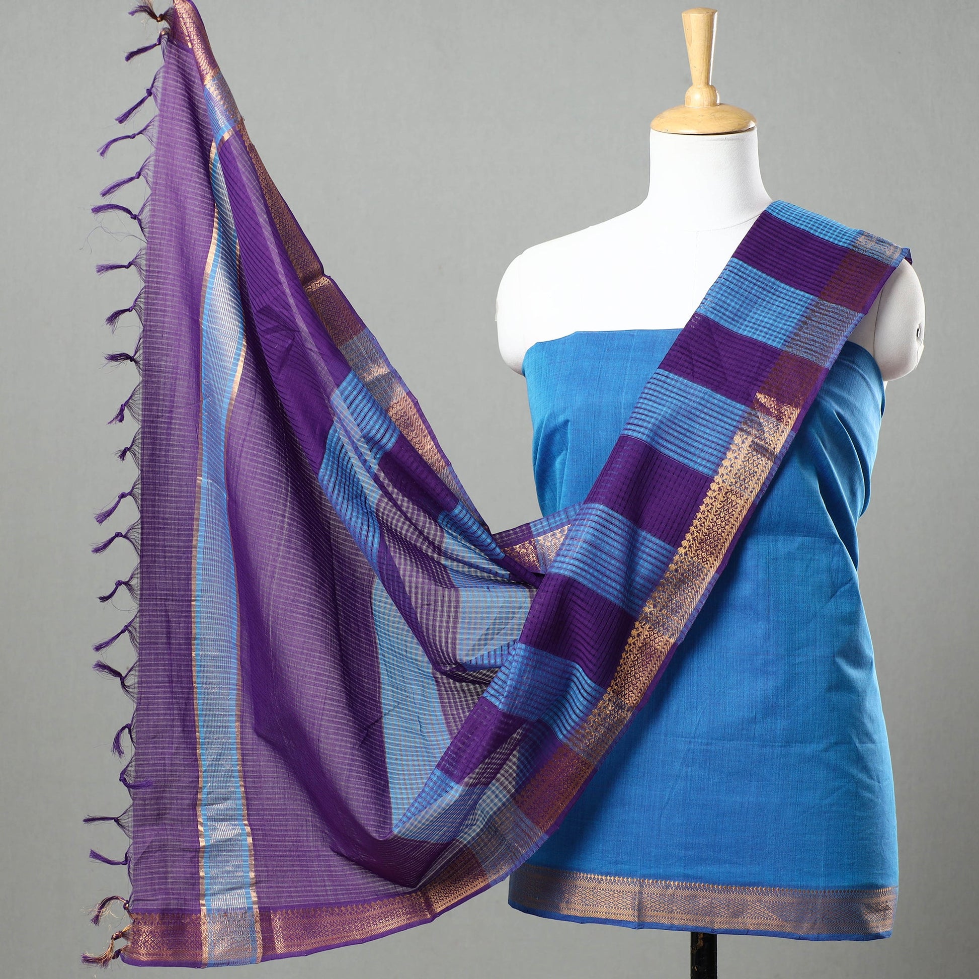 3pc Mangalagiri Handloom Cotton Suit Material Set with Zari Border 29