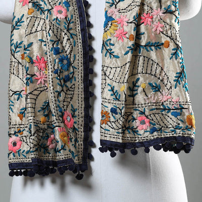 Black - Ranihati Chapa Work Phulkari Embroidery Chanderi Silk Stole with Pom Pom