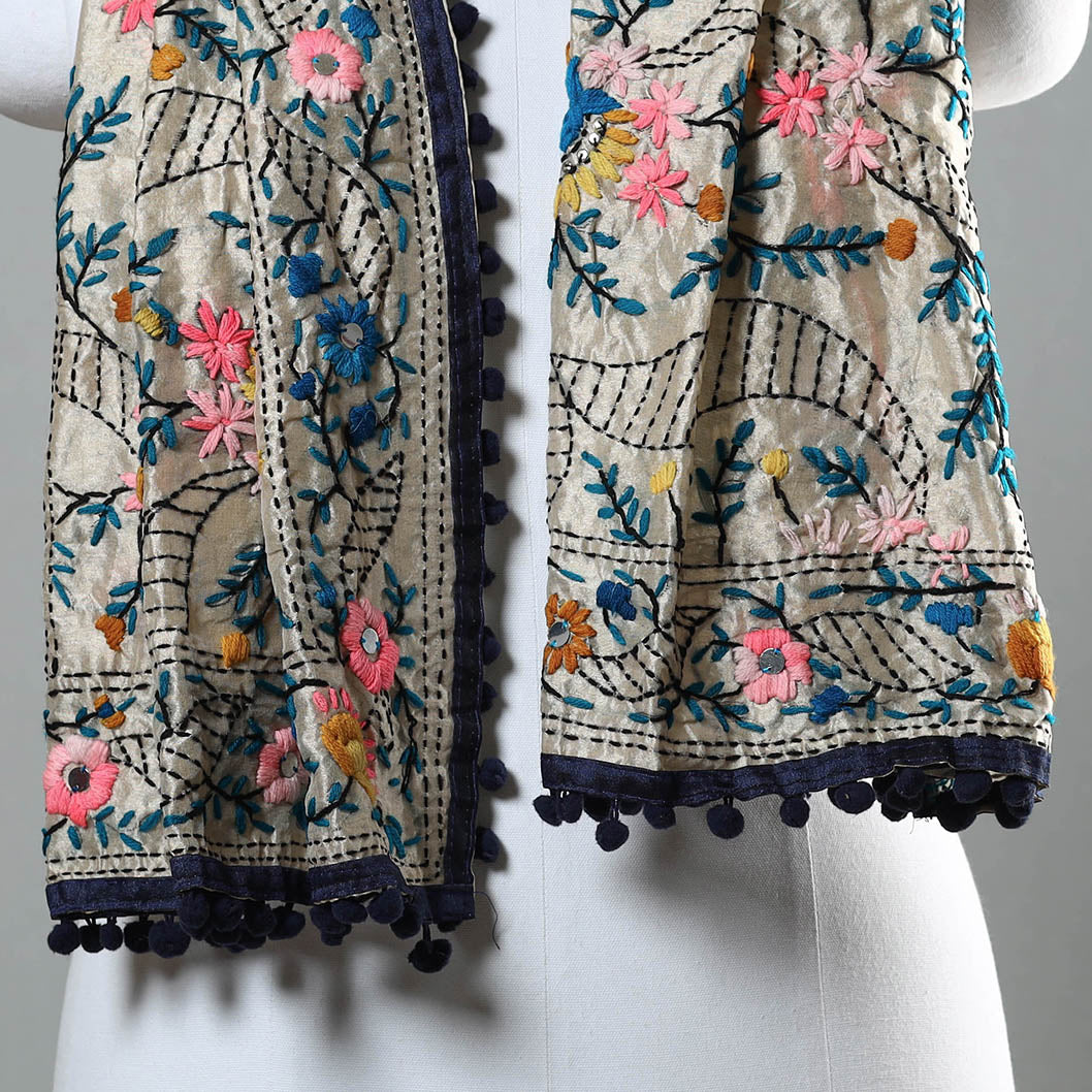 Black - Ranihati Chapa Work Phulkari Embroidery Chanderi Silk Stole with Pom Pom