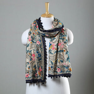 Black - Ranihati Chapa Work Phulkari Embroidery Chanderi Silk Stole with Pom Pom