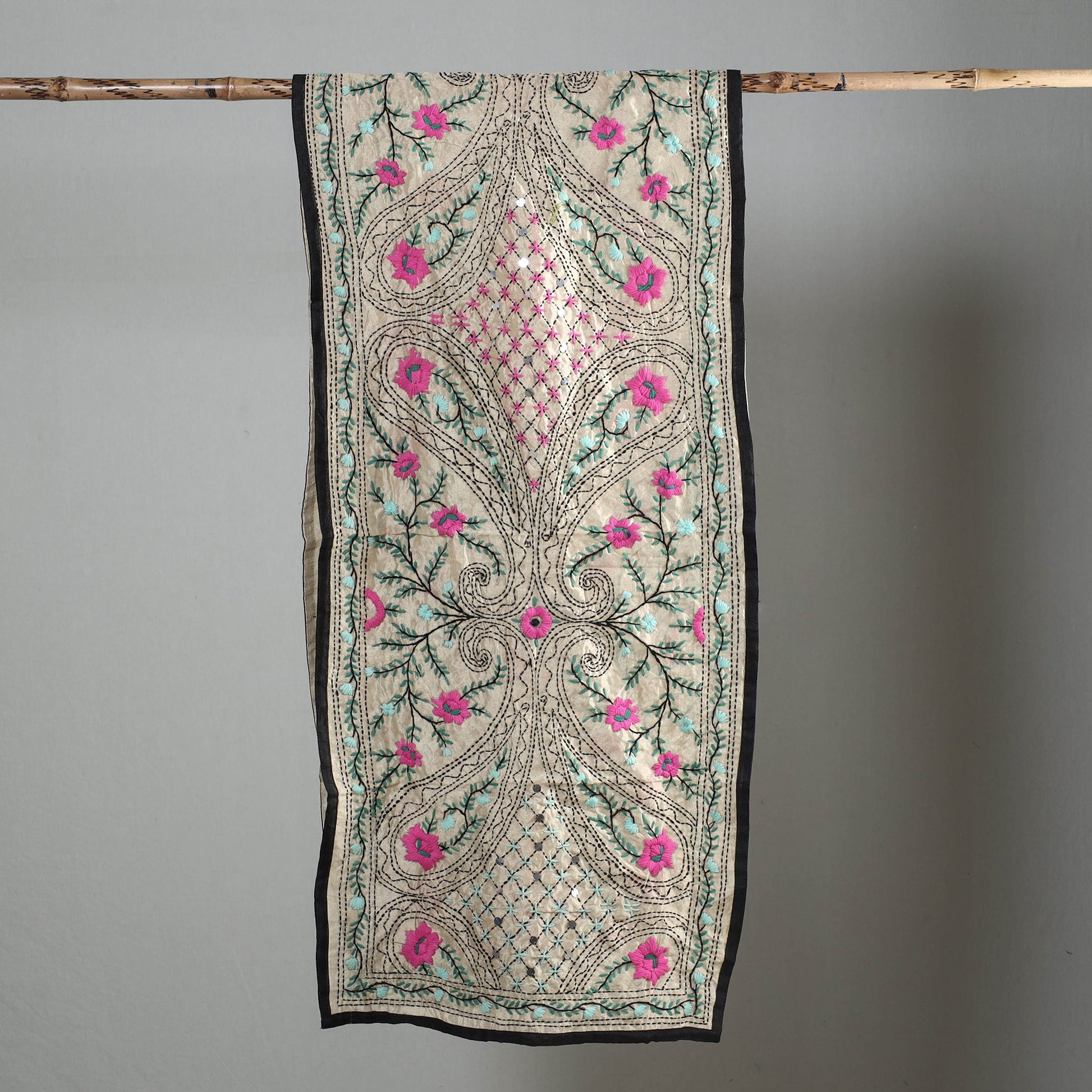 Black - Ranihati Chapa Work Phulkari Embroidery Chanderi Silk Stole