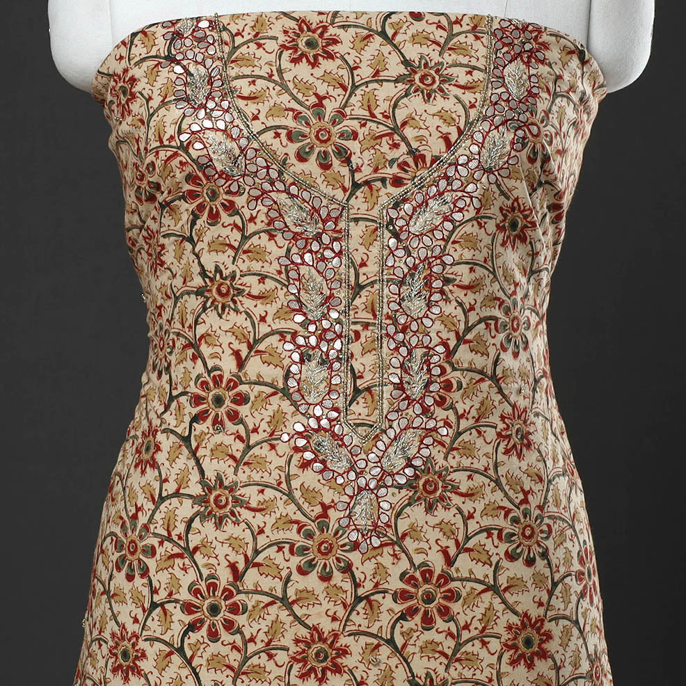 Beige - Embroidered Cotton Kalamkari Print Kurta Material (3m)