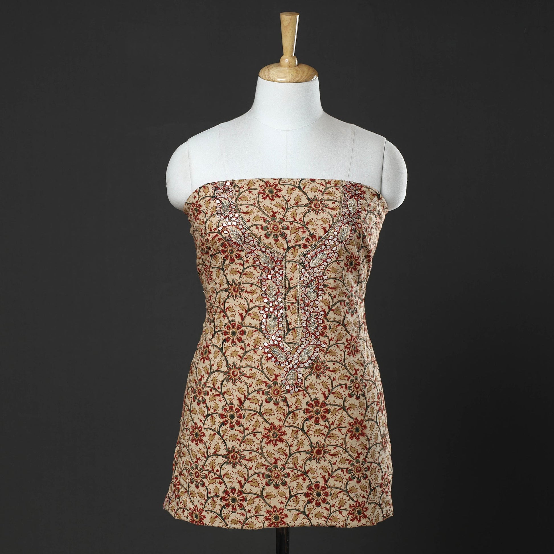 Beige - Embroidered Cotton Kalamkari Print Kurta Material (3m)