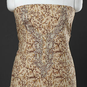 Beige - Embroidered Cotton Kalamkari Print Kurta Material (2.55m)