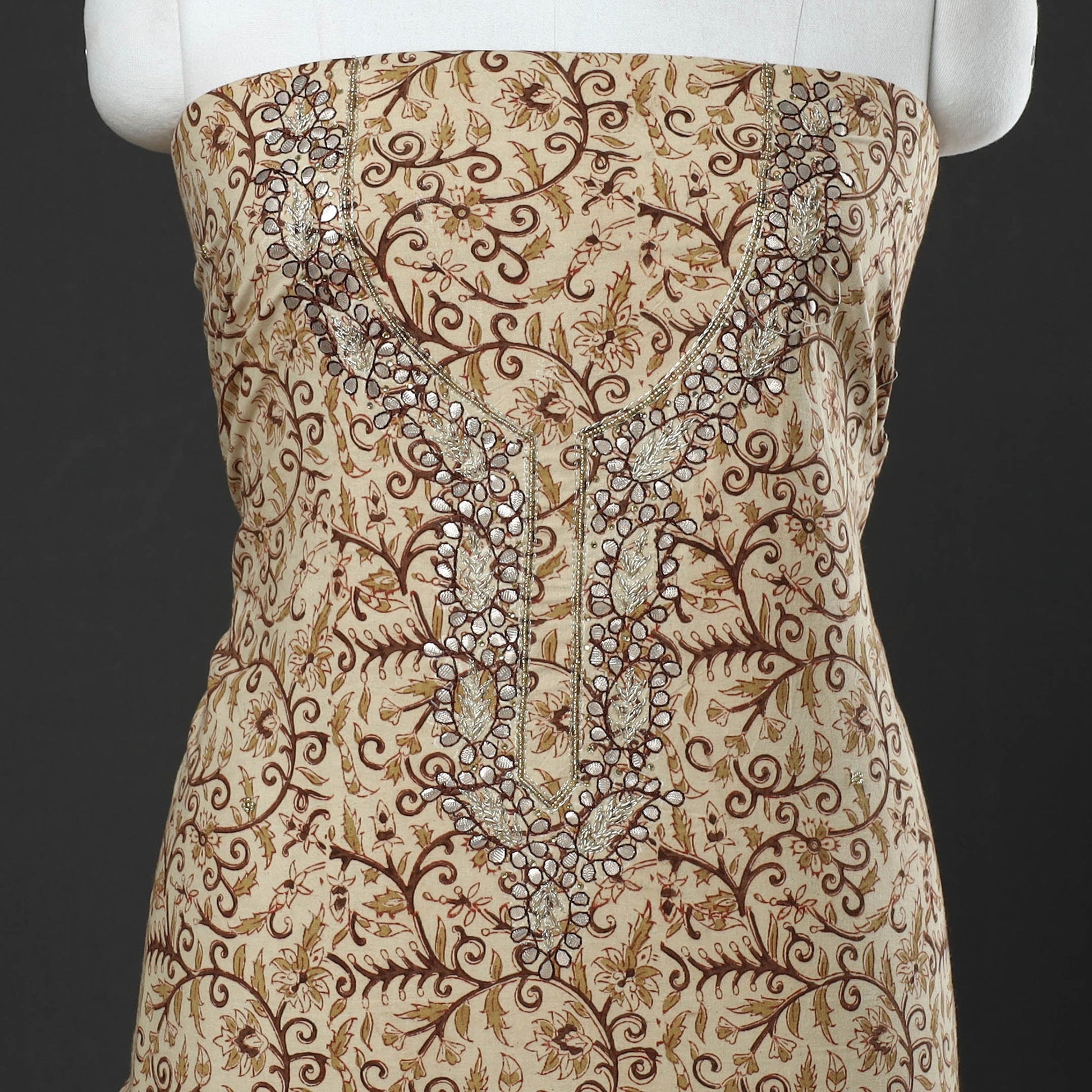 Beige - Embroidered Cotton Kalamkari Print Kurta Material (2.55m)