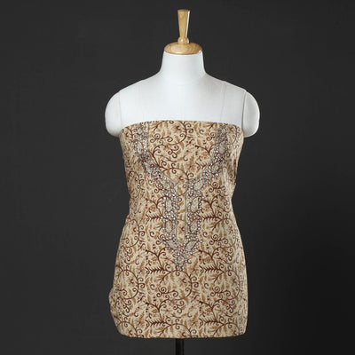 Beige - Embroidered Cotton Kalamkari Print Kurta Material (2.55m)