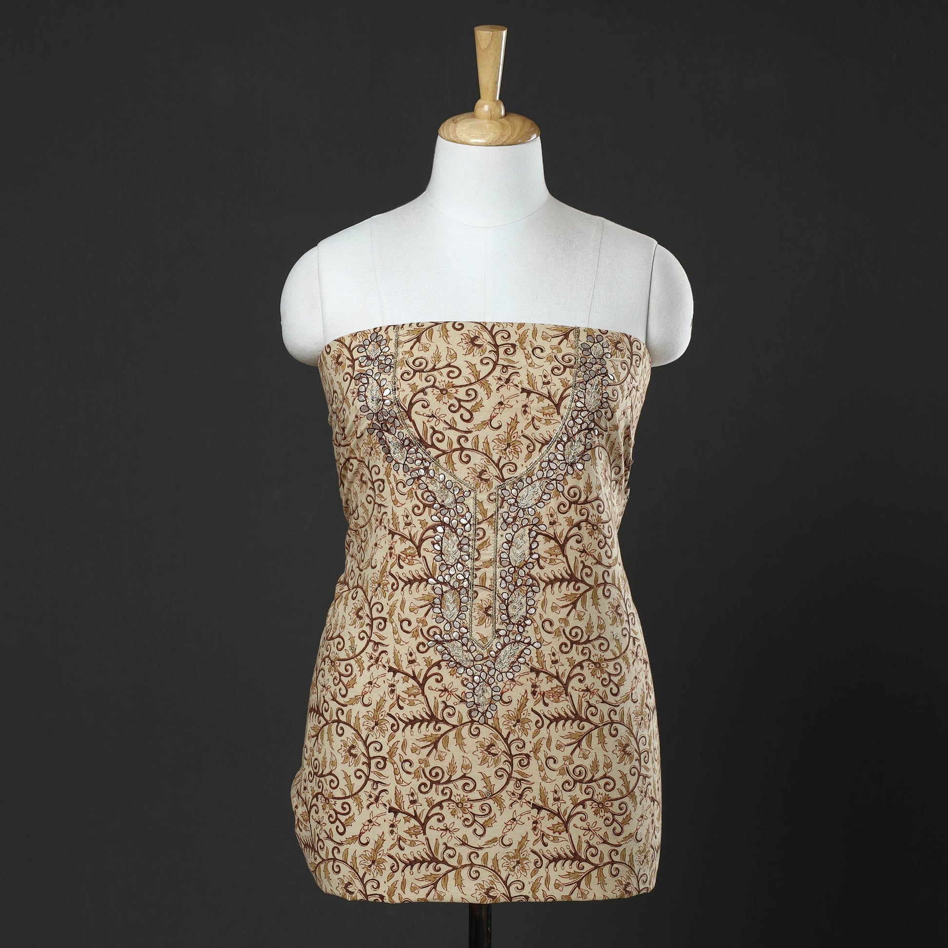 Beige - Embroidered Cotton Kalamkari Print Kurta Material (2.55m)