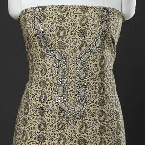 Beige - Kalamkari Block Printed Gota Patti & Bead Work Embroidered Cotton Kurta Material - 2.55 Meter