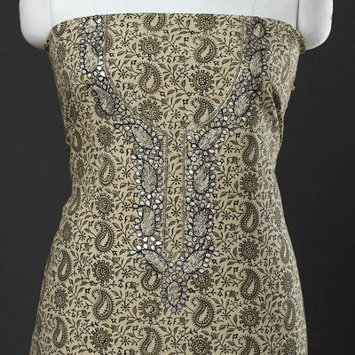 Beige - Kalamkari Block Printed Gota Patti & Bead Work Embroidered Cotton Kurta Material - 2.55 Meter