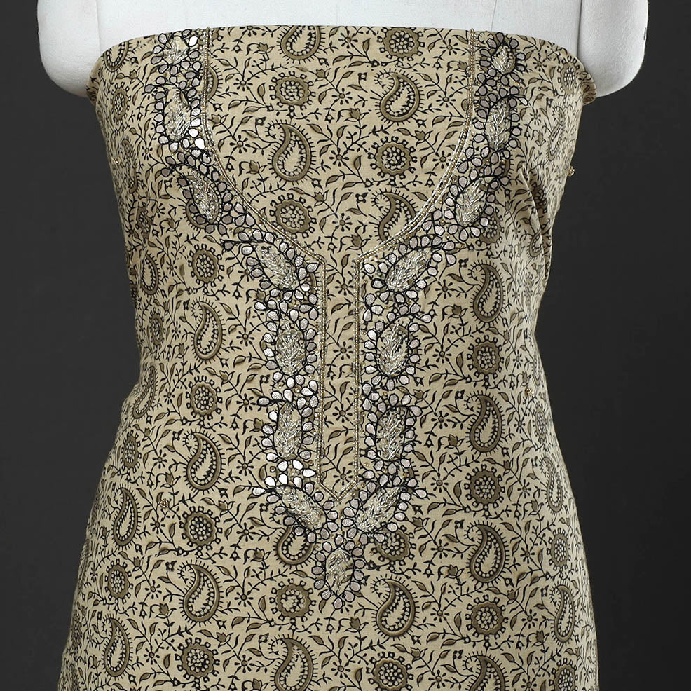 Beige - Kalamkari Block Printed Gota Patti & Bead Work Embroidered Cotton Kurta Material - 2.55 Meter