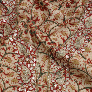 Beige - Embroidered Cotton Kalamkari Print Kurta Material (3m)