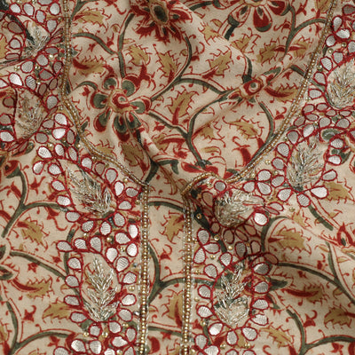 Beige - Embroidered Cotton Kalamkari Print Kurta Material (3m)