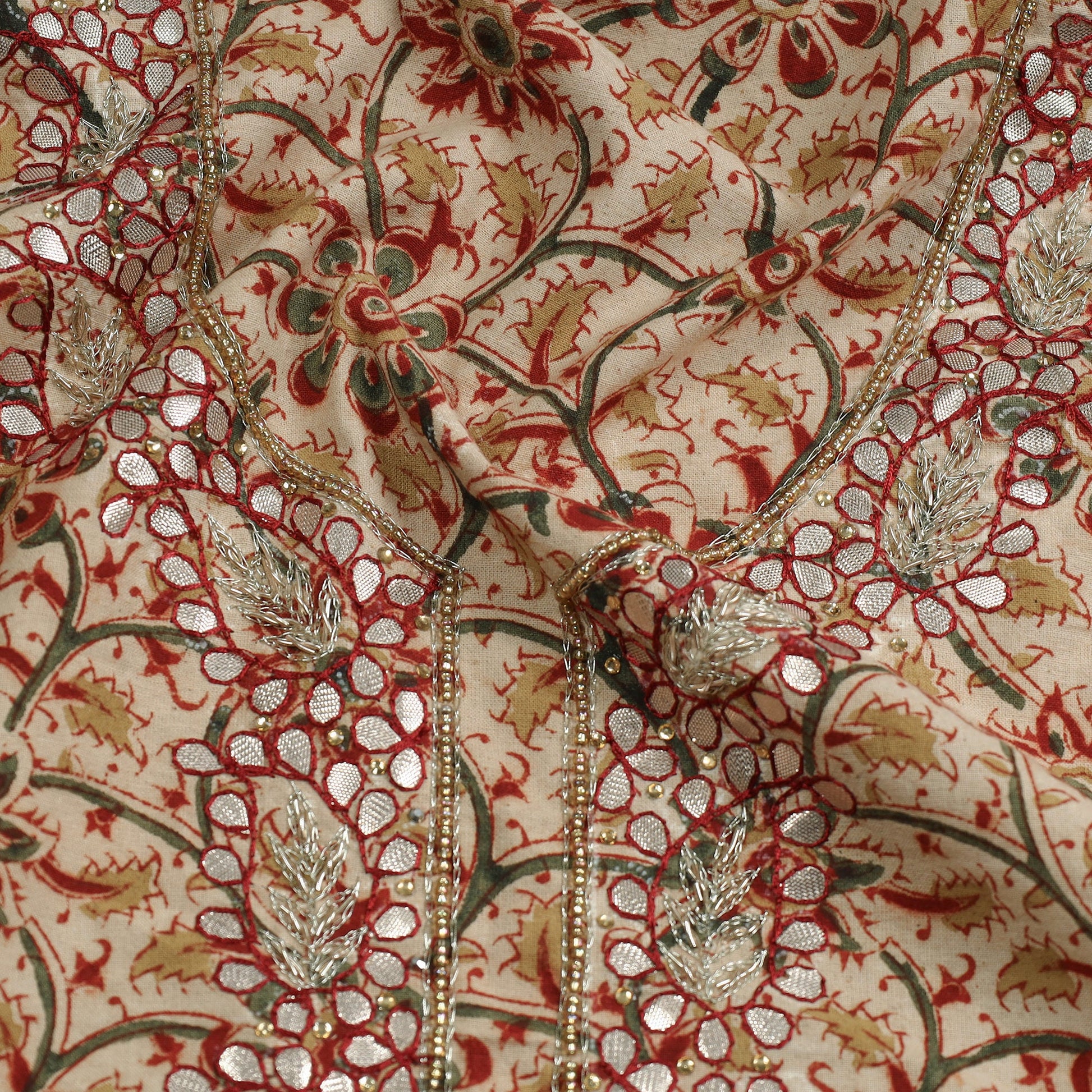 Beige - Embroidered Cotton Kalamkari Print Kurta Material (3m)