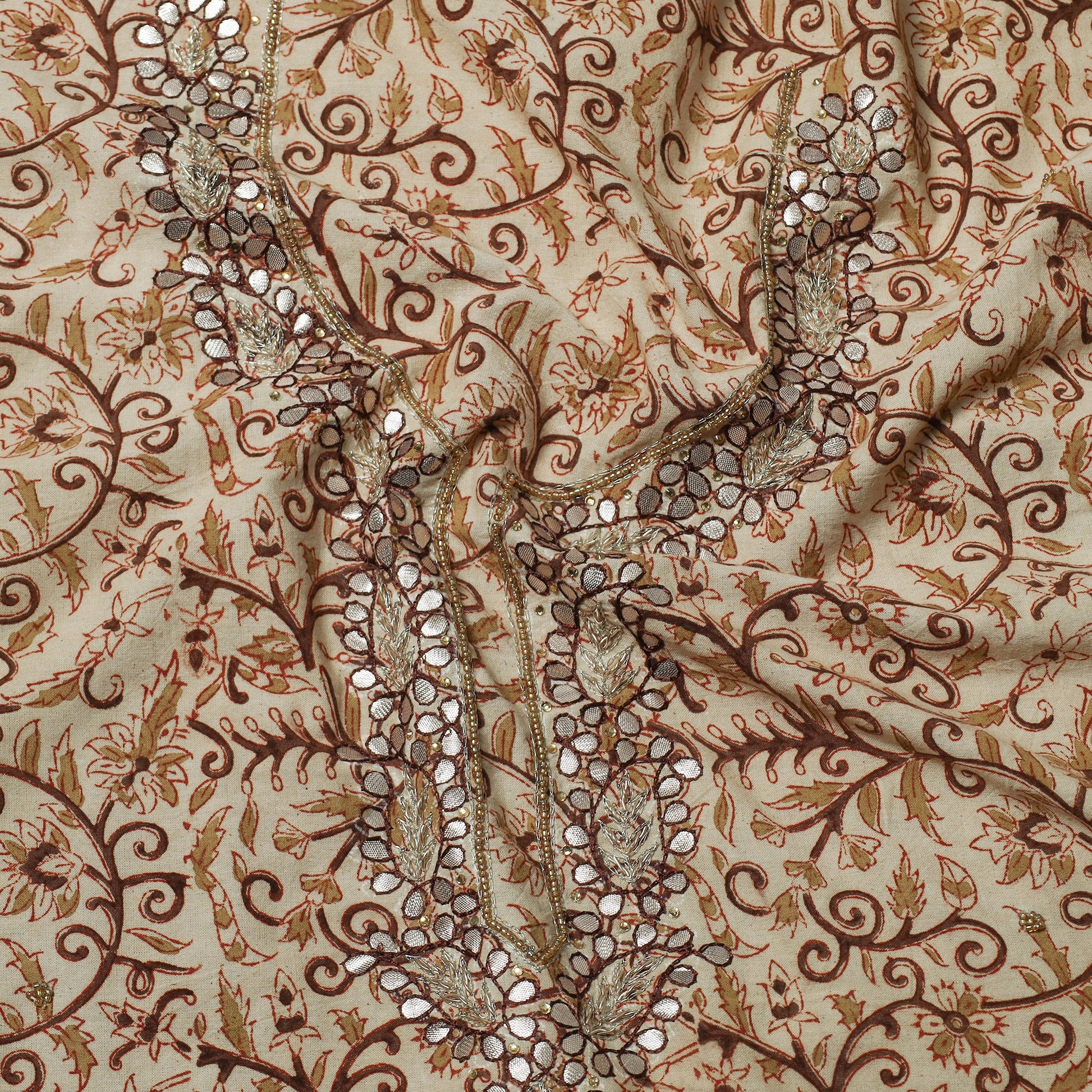 Beige - Embroidered Cotton Kalamkari Print Kurta Material (2.55m)