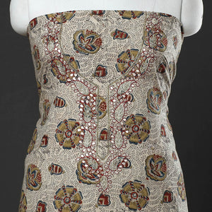Beige - Kalamkari Block Printed Gota Patti & Bead Work Embroidered Cotton Kurta Material - 2.55 Meter