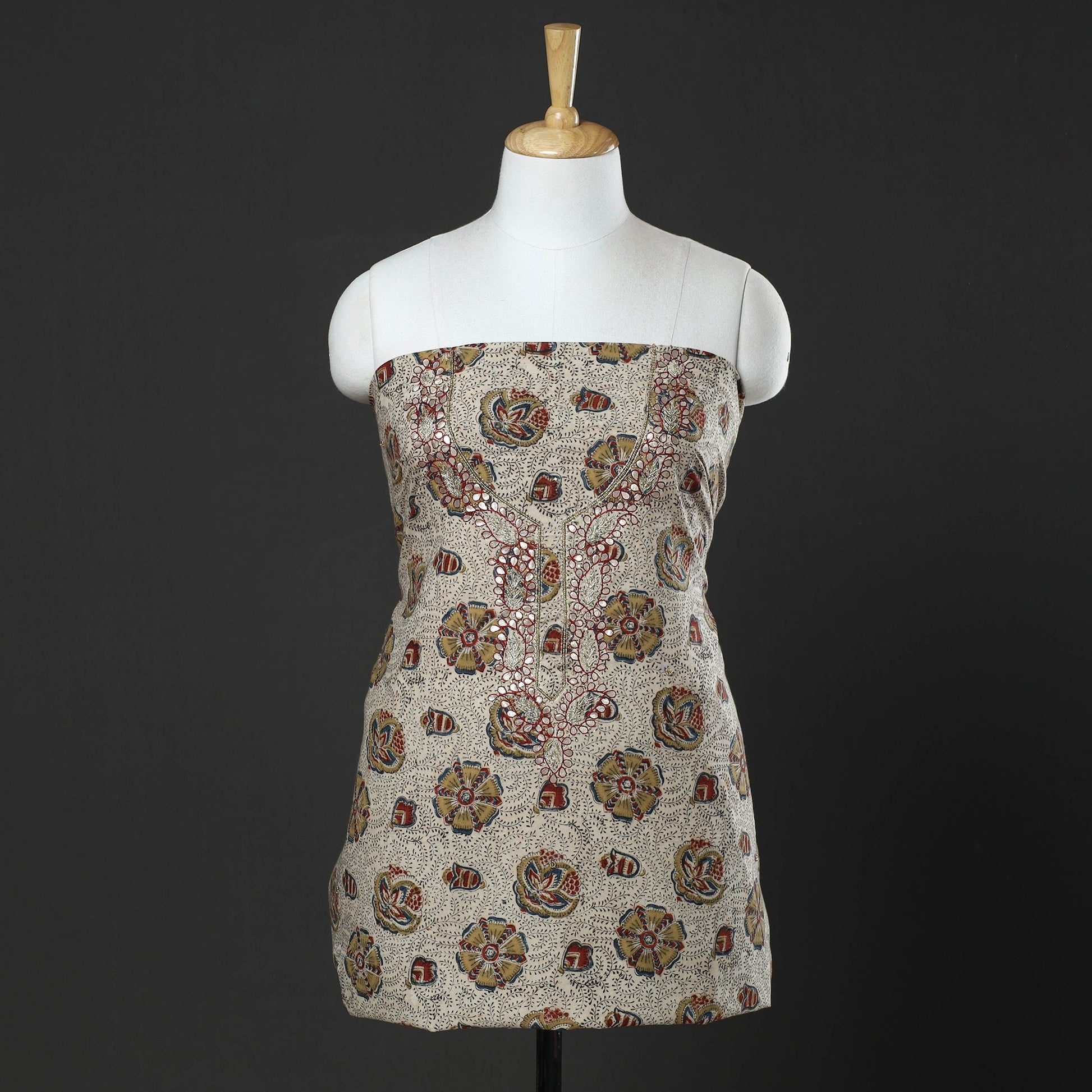 Beige - Kalamkari Block Printed Gota Patti & Bead Work Embroidered Cotton Kurta Material - 2.55 Meter