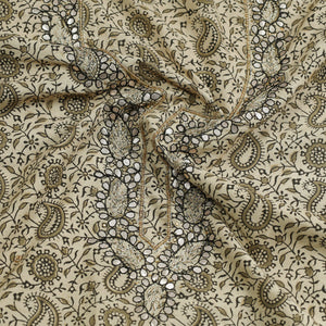 Beige - Kalamkari Block Printed Gota Patti & Bead Work Embroidered Cotton Kurta Material - 2.55 Meter