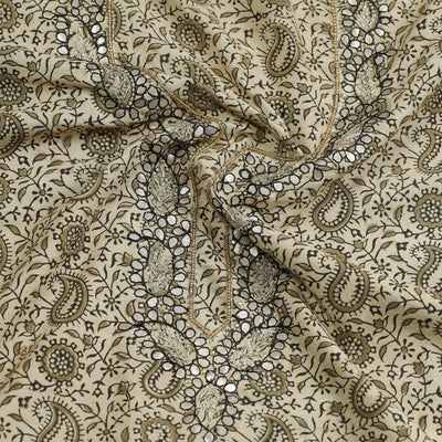 Beige - Kalamkari Block Printed Gota Patti & Bead Work Embroidered Cotton Kurta Material - 2.55 Meter