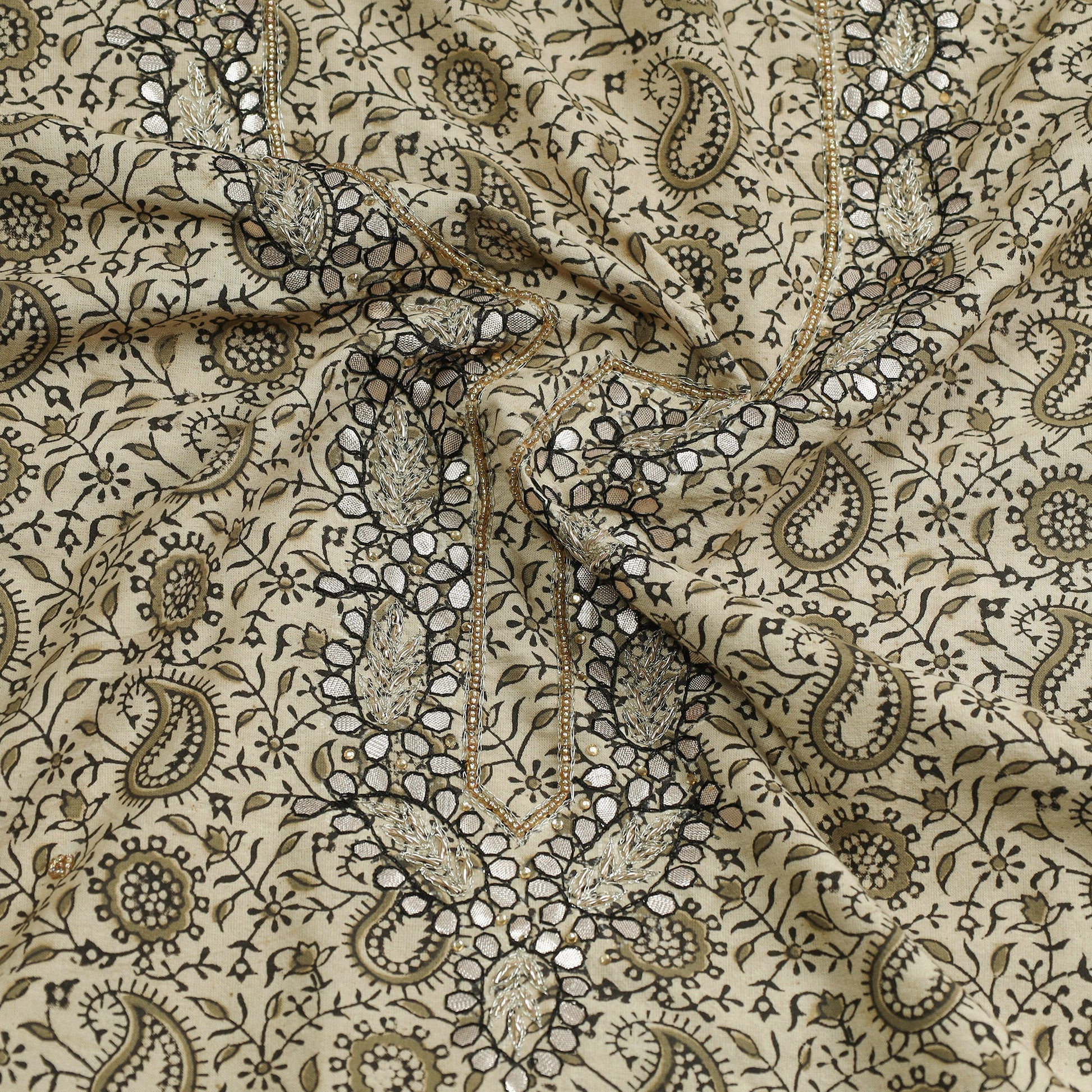 Beige - Kalamkari Block Printed Gota Patti & Bead Work Embroidered Cotton Kurta Material - 2.55 Meter