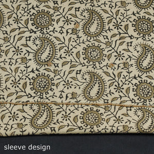 Beige - Kalamkari Block Printed Gota Patti & Bead Work Embroidered Cotton Kurta Material - 2.55 Meter