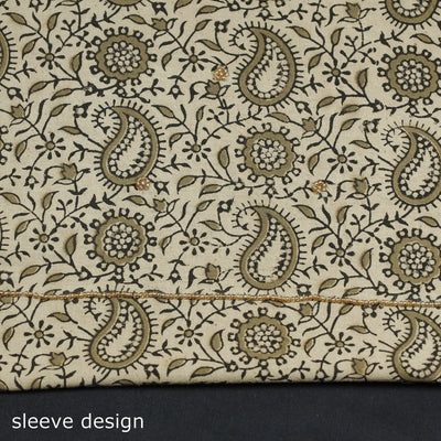 Beige - Kalamkari Block Printed Gota Patti & Bead Work Embroidered Cotton Kurta Material - 2.55 Meter