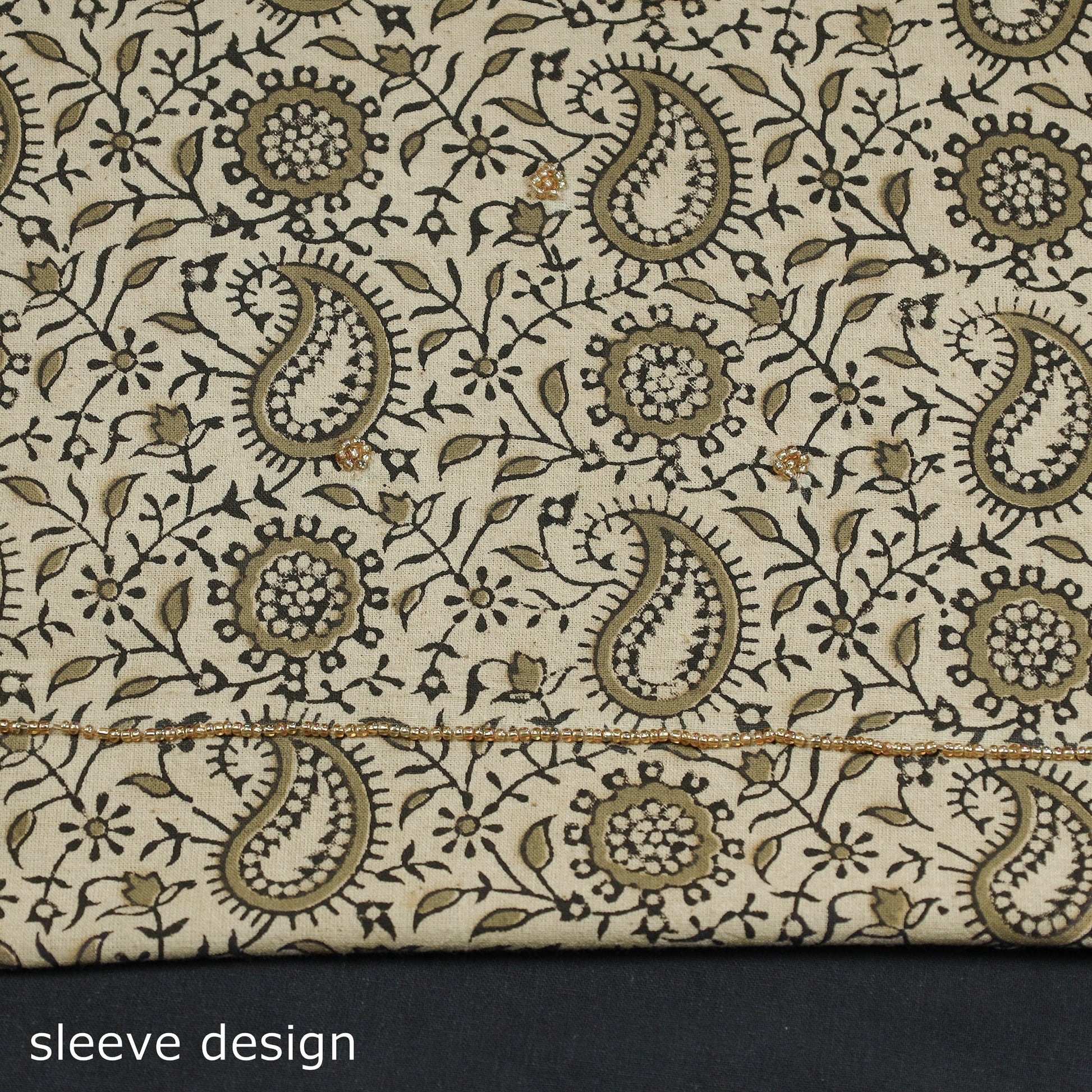 Beige - Kalamkari Block Printed Gota Patti & Bead Work Embroidered Cotton Kurta Material - 2.55 Meter