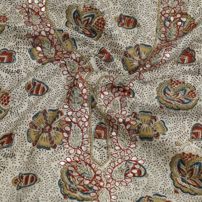 Beige - Kalamkari Block Printed Gota Patti & Bead Work Embroidered Cotton Kurta Material - 2.55 Meter