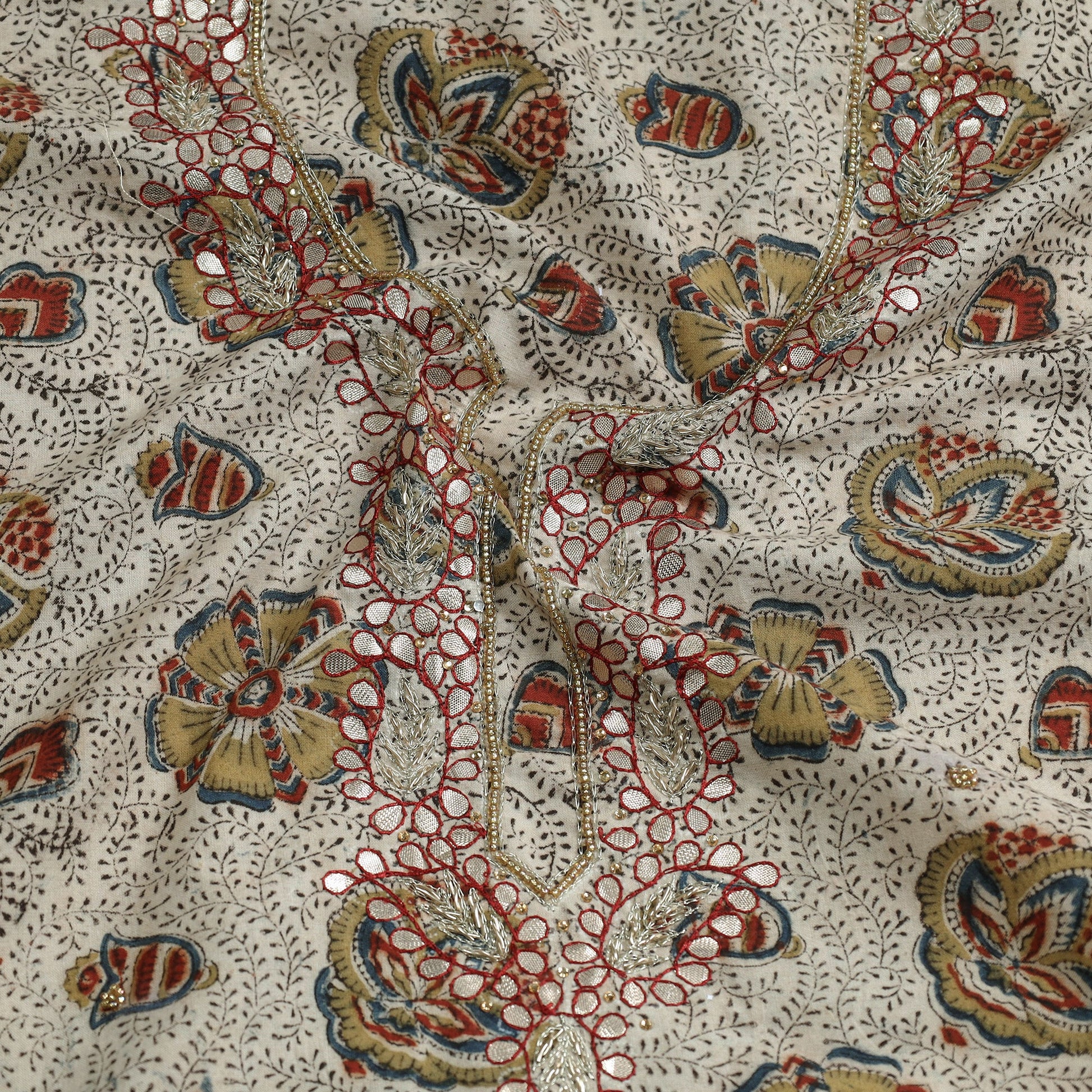 Beige - Kalamkari Block Printed Gota Patti & Bead Work Embroidered Cotton Kurta Material - 2.55 Meter