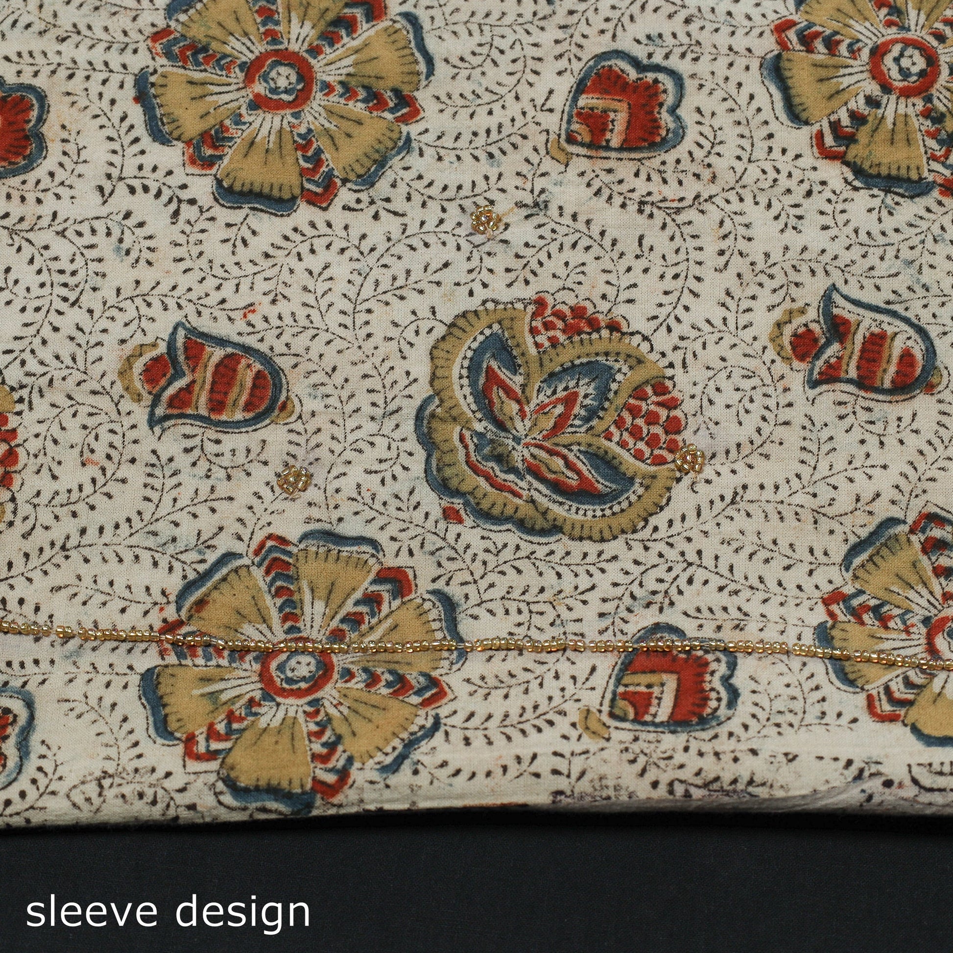 Beige - Kalamkari Block Printed Gota Patti & Bead Work Embroidered Cotton Kurta Material - 2.55 Meter