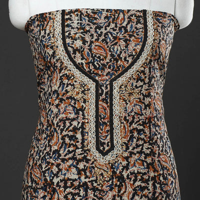 Black - Embroidered Cotton Kalamkari Print Kurta Material (2.6m)