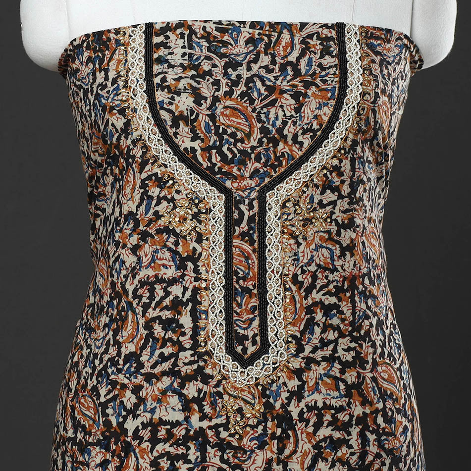 Black - Embroidered Cotton Kalamkari Print Kurta Material (2.6m)