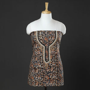 Black - Embroidered Cotton Kalamkari Print Kurta Material (2.6m)