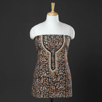 Black - Embroidered Cotton Kalamkari Print Kurta Material (2.6m)