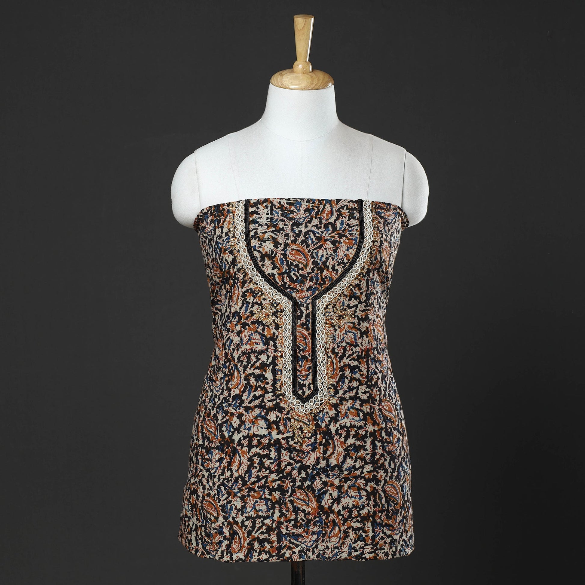 Black - Embroidered Cotton Kalamkari Print Kurta Material (2.6m)