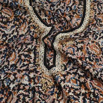 Black - Embroidered Cotton Kalamkari Print Kurta Material (2.6m)