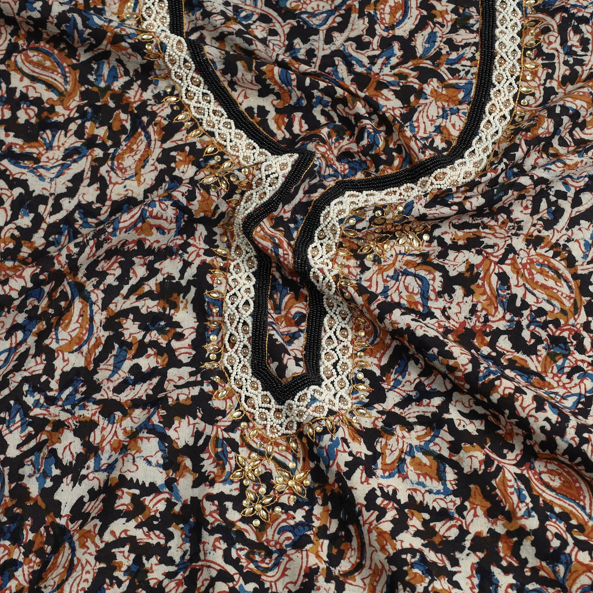 Black - Embroidered Cotton Kalamkari Print Kurta Material (2.6m)