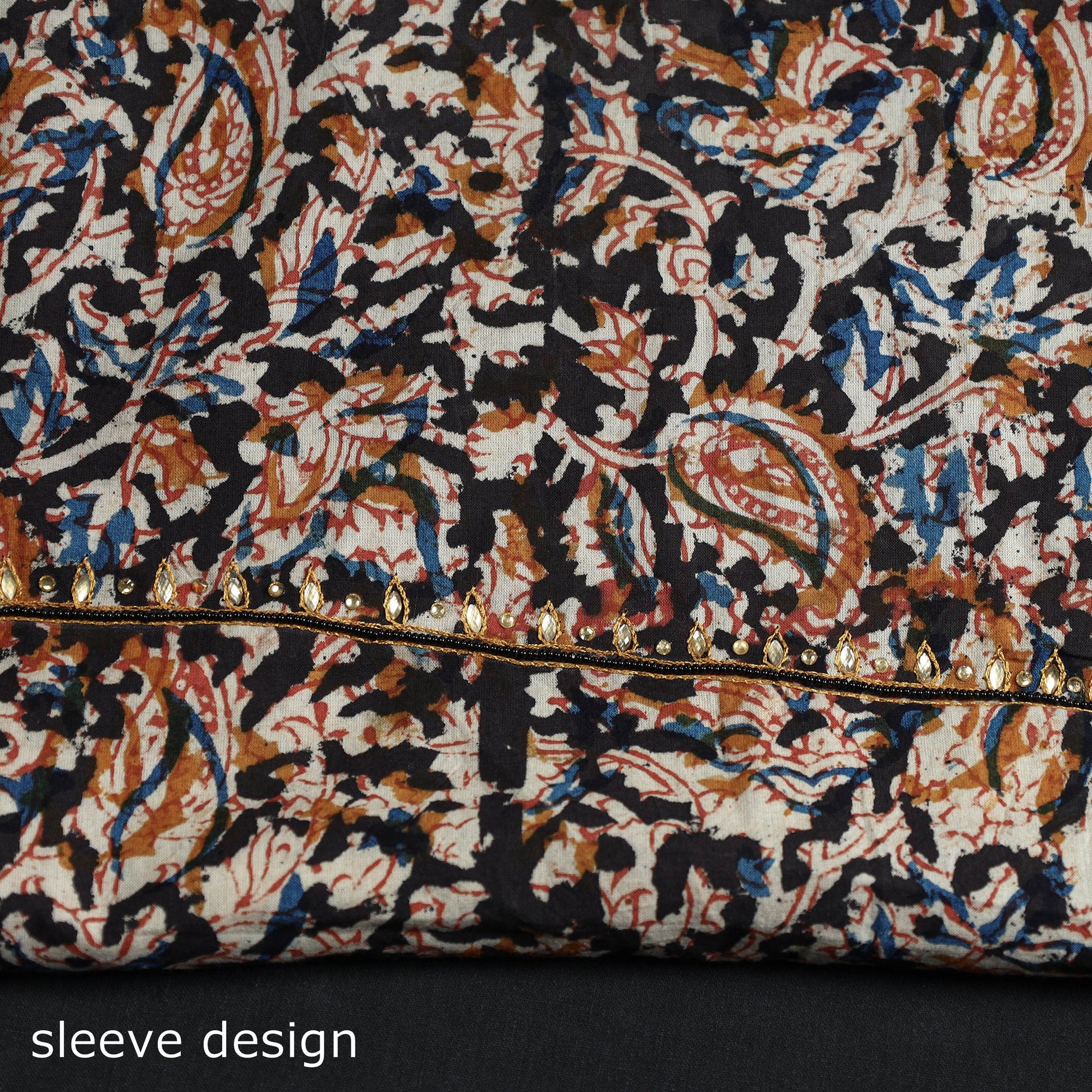 Black - Embroidered Cotton Kalamkari Print Kurta Material (2.6m)